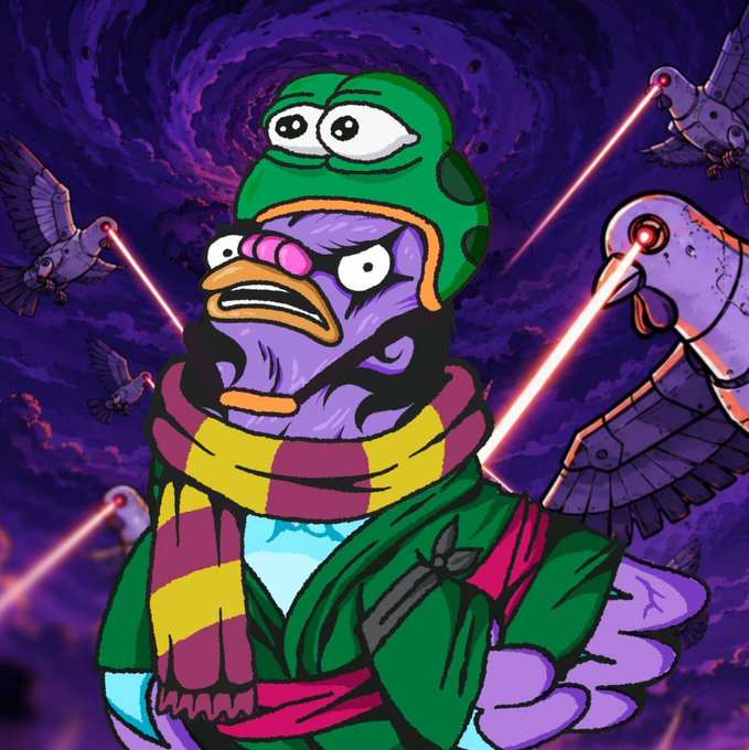A purple, anthropomorphic duck-like character wearing a frog hat and striped scarf stands defiantly as menacing robotic pigeons fire red laser beams at it from all sides. The dramatic, cartoon-style artwork complements the tweet's promotion of a free mint "Art at Its Best" event on @RallyOnChain.