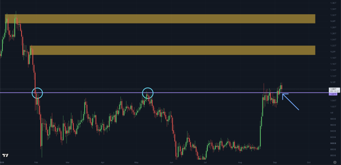 A candlestick chart of the TOTAL2 altcoin market cap displays a price range around 1,063, with a horizontal resistance line circled at key points in February and April where the price failed to break above, before a recent breakout attempt in September highlighted by a blue arrow showing price flipping the previously resistant level into support.