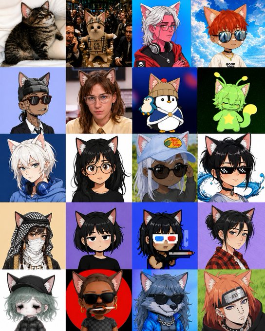 A 5x4 grid collage featuring various images and illustrations of characters and animals wearing cat ears, including anime-style figures, real people, and stylized pets.