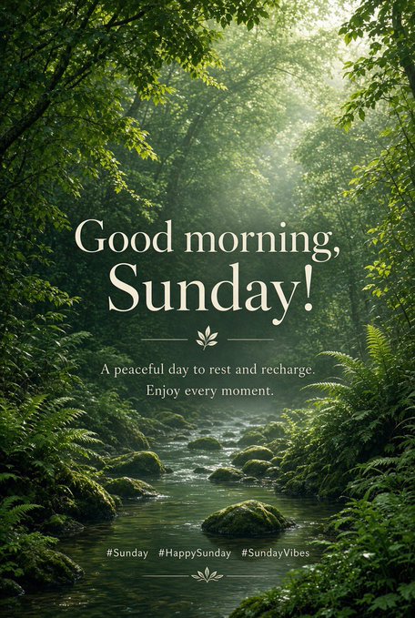 A serene forest stream with lush greenery and mossy rocks, overlaid with text reading 'Good morning, Sunday! A peaceful day to rest and recharge. Enjoy every moment.' and hashtags '#Sunday #HappySunday #SundayVibes'