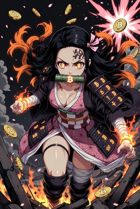 An anime-style illustration of Nezuko from Demon Slayer with fiery orange and black accents, holding a Bitcoin in her mouth and surrounded by floating Bitcoin coins amidst flames.