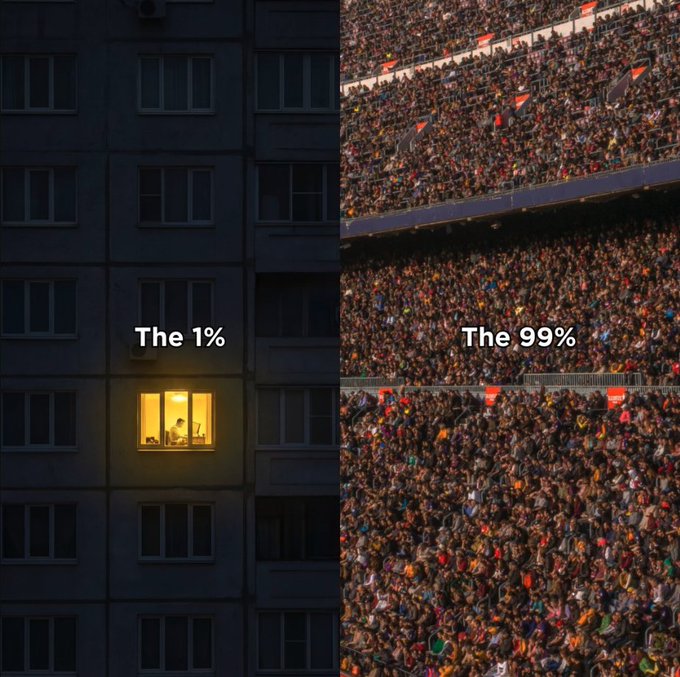 The image is a split visual contrasting a single illuminated apartment window labeled "The 1%" against a packed stadium crowd labeled "The 99%."

This stark divide mirrors the post's message about wealth disparity—suggesting that what the few call "luck" is actually the collective effort ("BUIDL") of the many, who build prosperity while only a small minority reap its rewards.