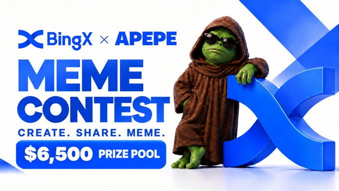 A green Pepe-like character in a brown robe and sunglasses leans against a large blue BingX logo, promoting the "BingX × APEPE MEME CONTEST" with a $6,500 prize pool and the tagline "CREATE. SHARE. MEME." The bold promotional banner ties into the accompanying post's call for submissions tagging BingXOfficial and apepeofficial with the keyword "MEME."