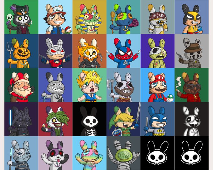 A grid of various cartoon character designs, many featuring rabbit-like ears and incorporating horror or pop culture themes like Super Mario, Darth Vader, and the Joker.