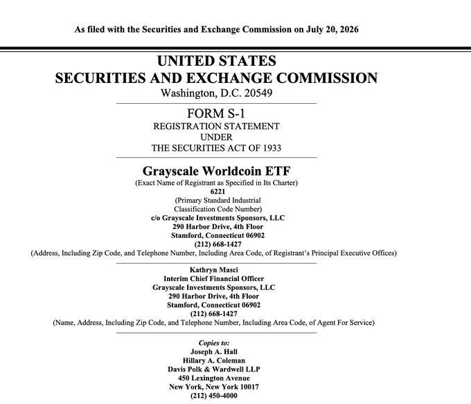 This image shows the SEC Form S-1 registration statement for the Grayscale Worldcoin ETF, indicating Grayscale's application for a Spot-ETF for Worldcoin.