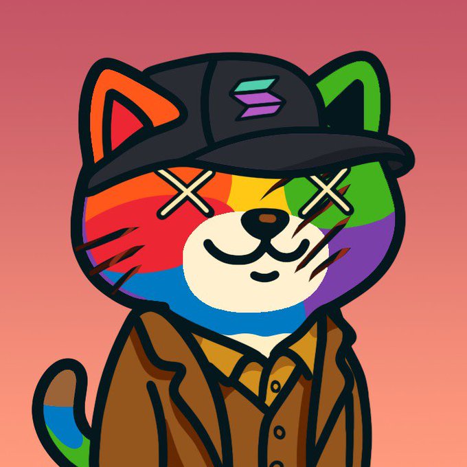 The image features a cartoon cat wearing a hat, coat, and tie, standing against a pink background with a rainbow gradient. The cat appears to be dressed for a formal event or party, as indicated by its attire. The caption below the image reads "Good night CT Happy Solana Saturday night". This suggests that the cat is attending an event on Saturday night, possibly a costume party or a themed gathering where dressing up in costumes and accessories are encouraged.