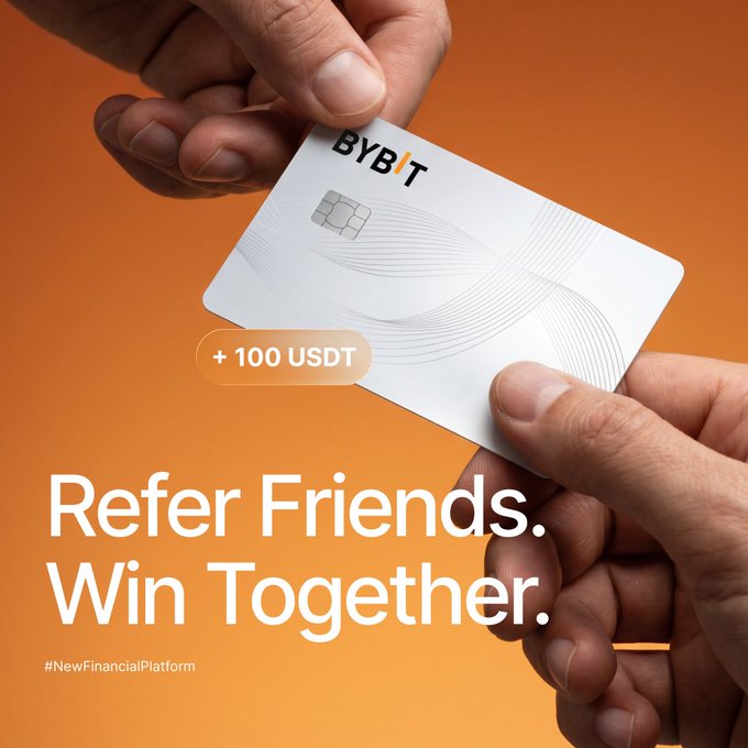 Two hands exchange a sleek white Bybit Card against a vibrant orange background, prominently featuring "+ 100 USDT" and the tagline "Refer Friends. Win Together." along with the hashtag "#NewFinancialPlatform," visually reinforcing the giveaway's reward of 100 USDT for top referrers in the Bybit Card referral program.