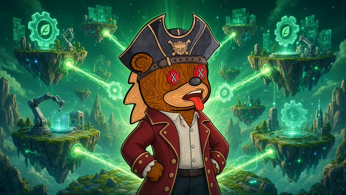 A stylized pirate bear character with X-shaped eyes and an outstretched tongue wears a pirate hat and red coat, set against a surreal green-toned landscape of floating islands linked by glowing green energy beams and crypto logo gears. The irreverent, chaotic imagery plays on the "pirating" of value from shared chains, visually reinforcing the post's argument that Canopy Network lets users stop "leaking value" by launching their own chain with built-in restaking security.