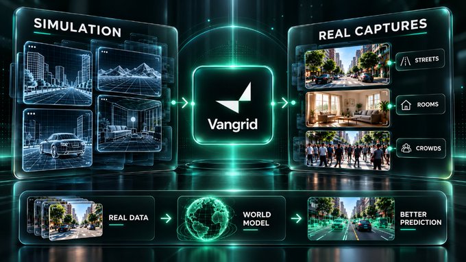 Promotional graphic for 'Vangrid' showing a workflow diagram connecting simulation captures and real captures (streets, rooms, crowds) to a world model for better prediction using real data.