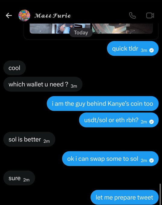 A screenshot of a Messenger chat with 'Matt Furie' discussing crypto wallets, mentioning Kanye's coin and swapping to SOL.