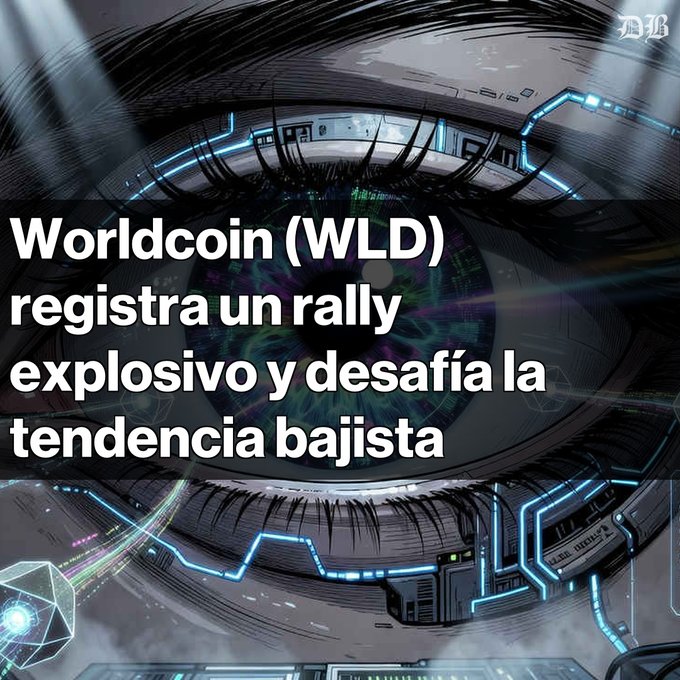 The image shows a graphic with an eye, surrounded by a line of text that translates to "Worldcoin (WLD) registra una rally explosivo y descasa la tendencia bajista con un volumen diario alcanza USD $770 millones. El precio rompe la media móvil de 200 días, consolidando una nueva tendencia.". The image itself is a graphic that depicts an eye with wires and circuitry surrounding it.