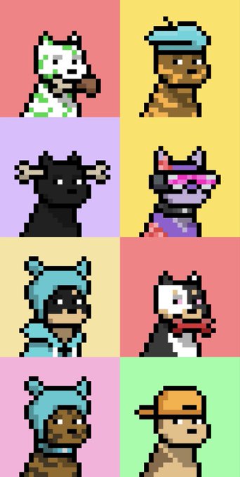 A grid of eight pixel-art character portraits featuring various stylized creatures including a white dog, a brown figure in a blue hat, a black horned animal, a robot-like figure, characters in hoodies, and a figure wearing a cap, each on a different colored background.