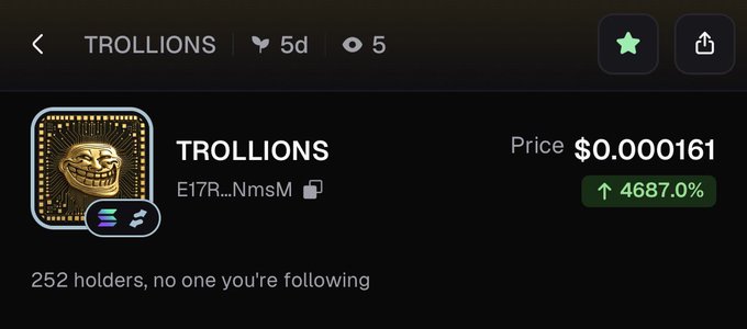 A cryptocurrency token page for 'TROLLIONS' showing a price of $0.000161 with a 4687.0% increase, 252 holders, and a troll face icon.