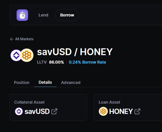 The image shows a screen with some text and logos related to trading options for Savusd / Honey. The primary focus of the image is on a post that says "Berachain tiếp tục mở rộng collateral trên BEND - lần này là avUSD từ". This indicates that there might be an investment opportunity related to the trading of Savusd / Honey, where users can invest in cryptocurrencies like Savusd and honey. The post also mentions the "collateral asset" option for these transactions. In addition, it highlights a stablecoin known as avUSD, which is currently not listed on any market. The text provides more information about what this specific trading platform does and how to use it.