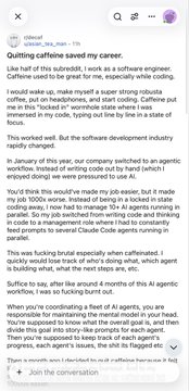 A screenshot of a long-form social media post titled 'Quitting caffeine saved my career,' describing how the author avoided workplace burnout after their company switched to using AI agents.