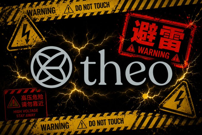 The image features a dramatic warning-themed graphic with the "theo" logo prominently displayed against a dark, lightning-streaked background, surrounded by hazard signs reading "WARNING - DO NOT TOUCH," "HIGH VOLTAGE STAY AWAY," and "避雷" (meaning "avoid" or "warning"). The post uses this cautionary imagery to warn followers about @Theo_Network, suggesting the project is ramping up marketing for its TGE and advising users to proceed with caution based on the author's prior participation.
