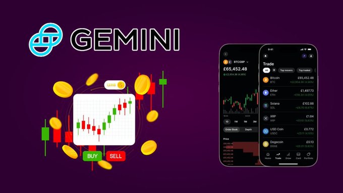 A promotional graphic for the cryptocurrency app 'Gemini,' featuring its logo, candlestick charts with floating coins, BUY/SELL buttons, and a mockup of the mobile trading interface showing prices for BTC, Ether, Solana, XRP, USDC, and Dogecoin.