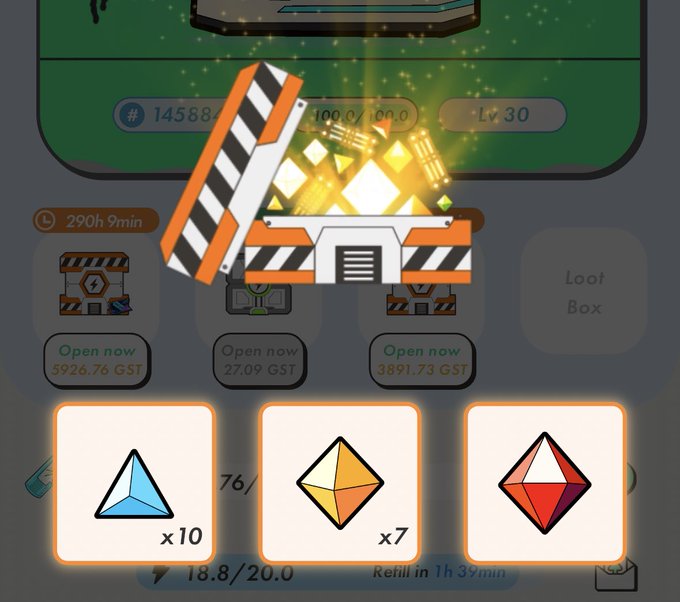 Screenshot of a mobile game interface showing an opened orange and white striped loot crate with glowing golden items inside. Below are resource counters including 10 blue crystals, 7 yellow crystals, and 3 red crystals, alongside 'Open now' purchase options priced in GST.