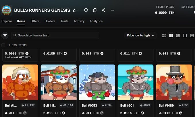 OpenSea NFT marketplace page displaying the 'BULLS RUNNERS GENESIS' collection with a floor price of 0.0099 ETH, showing pixel-art bull character listings priced at 0.0099 to 0.0115 ETH.