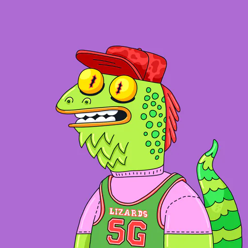 A cartoon illustration of a green lizard-like character wearing a red cap and a pink and green basketball jersey with 'LIZARDS 5G' printed on the front, against a solid purple background.