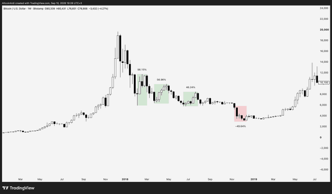 A TradingView weekly chart of Bitcoin/USD from the Alpabird platform displays historical BTC price action spanning from early 2017 through 2019, highlighting the 2018 bear market with annotated recovery rallies of 58.15%, 56.96%, and 46.24%, followed by a final 49.64% drop to the cycle low, illustrating the post's point that BTC bear markets feature multiple deceptive 45-100% relief rallies before ultimately flushing to deeper lows.