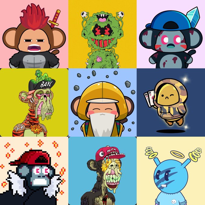 A 3x3 grid of nine colorful cartoon character illustrations in pixel/2D styles, including a punk monkey, a zombie creature, a diamond-eyed creature in a cap, a zombie dog wearing a "BAYC" hat, a hooded figure with falling rocks, a hooded turtle holding cards, a pixelated ape, a monkey with a beanie, and a blue celestial being with halos.