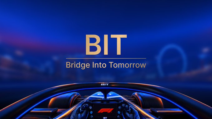 A Formula 1-style racing promotional graphic with 'BIT - Bridge Into Tomorrow' text displayed over a racing cockpit against a blue sky background.