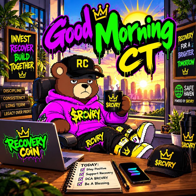 A colorful graffiti-style graphic features a bear wearing a pink 'RC$ XX' hoodie and 'RC' cap, sitting at a desk with a laptop labeled 'RECOVERY COIN' and a notepad listing 'Stay Positive', 'Support Recovery', 'DCA $RCVRY', and 'Be A Blessing', with text reading 'Good Morning CT'.
