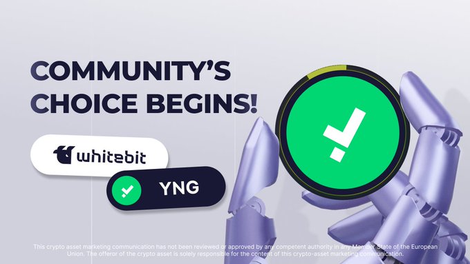 A promotional graphic announcing "COMMUNITY'S CHOICE BEGINS!" features the WhiteBIT and YNG logos alongside a stylized green checkmark held by purple robotic fingers, celebrating winners of a YNG community giveaway offering 30 YNG tokens to participants.