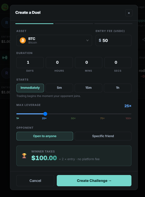 A dark-themed app interface for creating a trading duel on BTC, showing options for a $50 USDC entry fee, 25x max leverage, and an immediate start, with the winner taking $100.