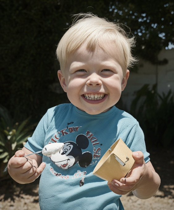 A smiling young blonde boy in a blue Mickey Mouse t-shirt holds a roasted marshmallow on a stick and a graham cracker with the number "5" written on it, celebrating a birthday milestone. The image contrasts the caption celebrating Elon Musk's 55th birthday by featuring a child seemingly marking a much younger age, highlighting the journey of growing older.