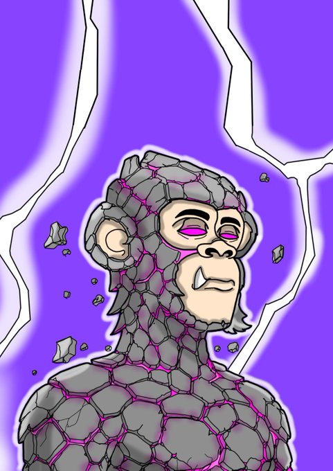 A stone-covered gorilla with glowing pink cracks stands against a purple background, channeling primal energy as if awakening from dormancy. This powerful imagery ties to the post's message about ancient legends returning, promoting the @PrimalsNFTx art contest where creators can contribute to a legendary NFT legacy.