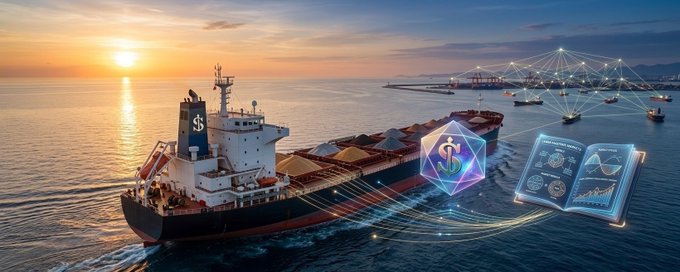 A composite image showing a cargo ship at sea during sunset alongside a glowing digital network overlay, a holographic anchor logo, and an open digital book with maritime illustrations.