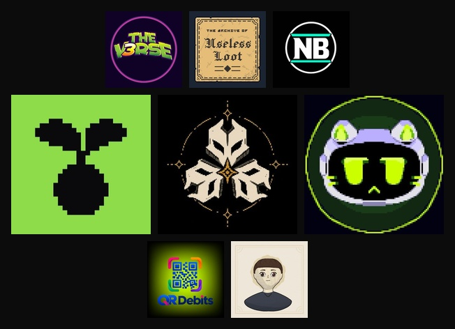 A collection of nine logos and graphics including "THE VERSE," "The Adventures of the Nervous Loot," "NB," a green geometric face design, an ornate emblem, a pixelated character avatar, a "QR Debits" logo, and a cartoon avatar figure.