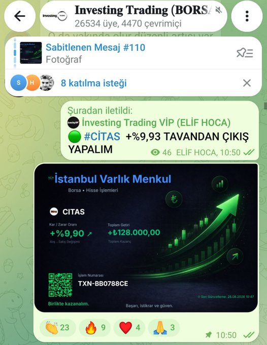 Turkish Telegram screenshot from "Investing Trading (BORS)" showing a forward from "Elif Hoca" with the message "#CITAS +%9,93 TAVANDAN ÇIKIŞ YAPALIM," alongside an image showing CITAS stock up 9.90% on Istanbul Varlık Menkul.