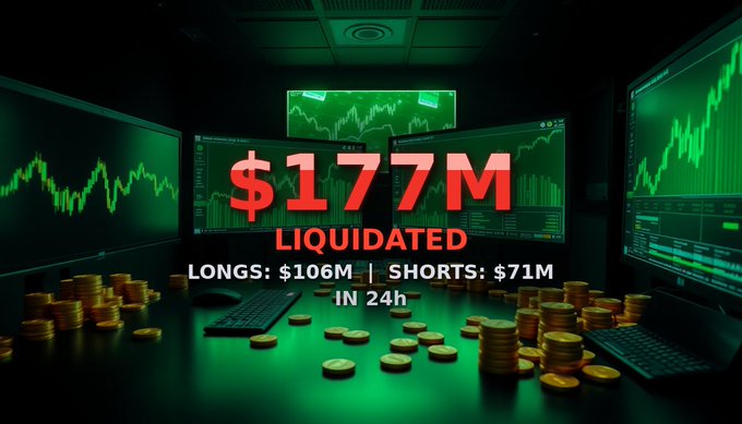 A dramatic graphic showing '$177M LIQUIDATED' in red text, with 'LONGS: $106M | SHORTS: $71M IN 24h', set against a background of trading monitors displaying green charts and stacks of gold coins.