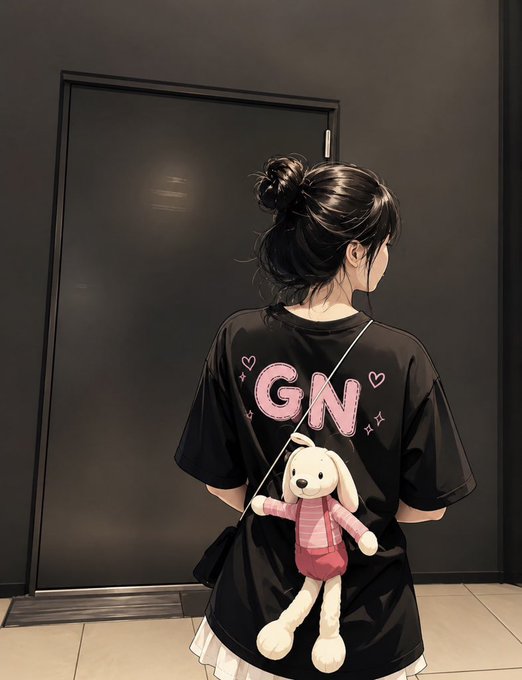 Illustration of a girl seen from behind with her hair in a bun, wearing a black t-shirt with 'GN' and small hearts printed on it, carrying a small plush rabbit bag.