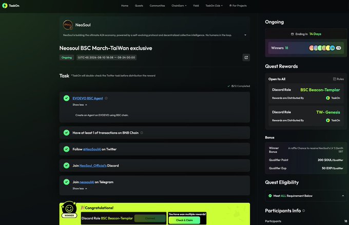 A TaskOn quest page for 'Neosoul BSC March-TaiWan exclusive' showing completed actions (creating an EVDOVD BSC Agent, transactions on BNB Chain, following @NeosoulAI on Twitter, joining Discord and Telegram) with Discord Role rewards and a congratulations message about receiving 'BSC Beacon-Templar' role.