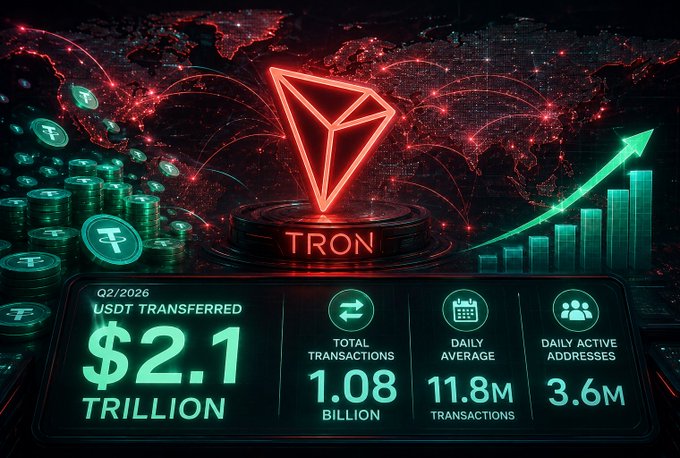 A promotional graphic for TRON cryptocurrency showing Q2/2026 USDT statistics: $2.1 Trillion transferred, 1.08 Billion total transactions, 11.8M daily average, and 3.6M daily active addresses.