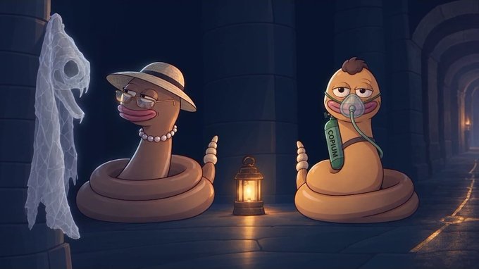 Two cartoon snake-like creatures are depicted in a dark dungeon setting; one wears a sun hat and pearls while the other wears an oxygen mask labeled 'COPUMA', with a ghost floating nearby and a lantern between them.