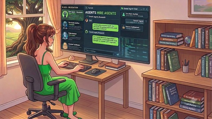 An anime-style illustration of a woman in a green dress sitting at a desk, viewing a messaging interface on her monitor titled 'AZ4 - DELEGATION' with chat windows for 'AGENTS HIRE AGENTS.'
