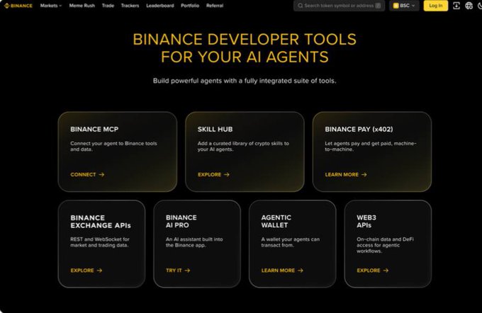 A screenshot of Binance's developer tools webpage titled "BINANCE DEVELOPER TOOLS FOR YOUR AI AGENTS," featuring a grid of seven product cards including Binance MCP, Skill Hub, Binance Pay (x402), Binance Exchange APIs, Binance AI Pro, Agentic Wallet, and Web3 APIs, each with call-to-action links like "CONNECT," "EXPLORE," "TRY IT," and "LEARN MORE." The image illustrates the post's announcement of Binance's Agent OS, showcasing the suite of integrated tools that allow developers to connect AI agents with Binance's financial infrastructure for tasks like trading, payments, and wallet transactions without building from scratch.