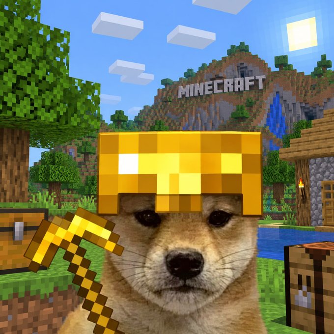 A humorous edited image showing a Shiba Inu dog wearing a Minecraft gold helmet and holding a golden pickaxe, set against a Minecraft landscape background.