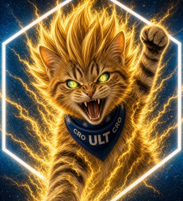 A digital artwork of a fierce orange tabby cat with glowing green eyes, baring its fangs and wearing a blue bandana that reads 'CRO ULT CRO', surrounded by yellow lightning bolts within a glowing hexagonal frame.