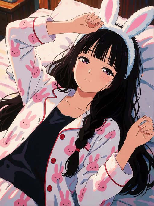 The image shows an anime-style girl with long black hair, wearing fluffy white bunny ears and pink bunny-patterned pajamas, relaxing in bed with a soft smile. The cozy "good night" vibe of the illustration pairs with the post's evening greeting, while the competition announcement overlays the calm scene with crypto trading promotional details.