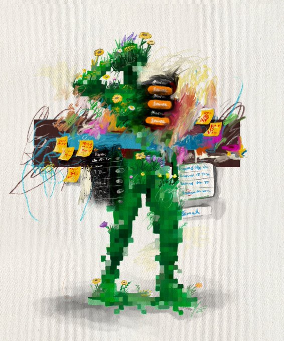 A colorful, abstract mixed-media artwork featuring a pixelated green figure with foliage and yellow flowers on its head, surrounded by sticky notes and scribbled text in a chaotic, artistic style.