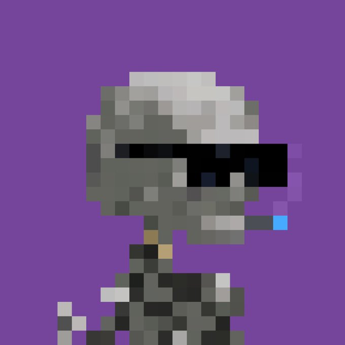 Pixel art of a helmeted figure wearing futuristic grey armor and a black visor, with a cigarette in its mouth, set against a purple background.