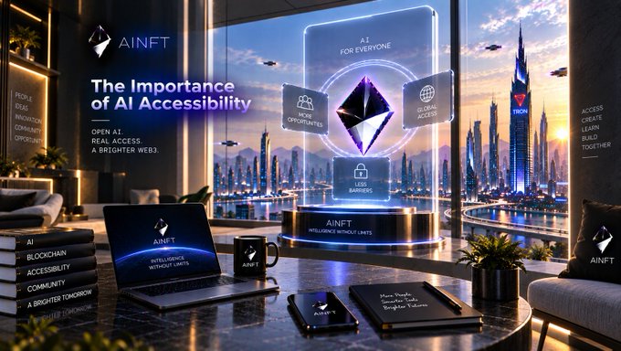 A futuristic promotional graphic for 'AINFT' with the text 'The Importance of AI Accessibility' and 'OPEN AI. REAL ACCESS. A BRIGHTER WEB,' featuring a holographic AI diamond display and merchandise like a laptop, mug, and books on a desk with a city skyline view.