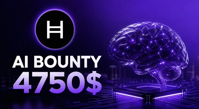 A promotional graphic featuring a glowing brain hologram, a Hedera logo (Ħ), and text reading 'AI BOUNTY 4750$'.