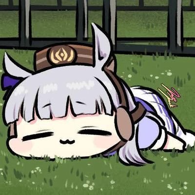 A cute chibi-style anime character with white hair and a brown eye-decorated headband lying face-down in grass, with a small 'Nya' text indicating a cat-like pose.